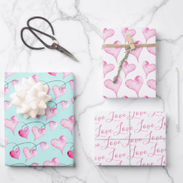 Niedliche rosa Herzen und Muster der Liebe Wasserf Geschenkpapier Set
