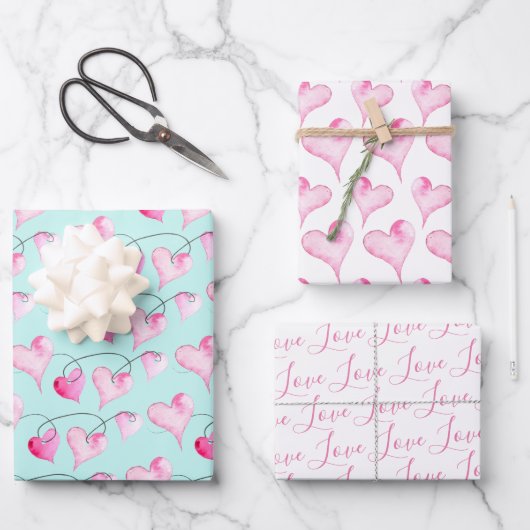 Niedliche rosa Herzen und Muster der Liebe Wasserf Geschenkpapier Set (Vorderseite)