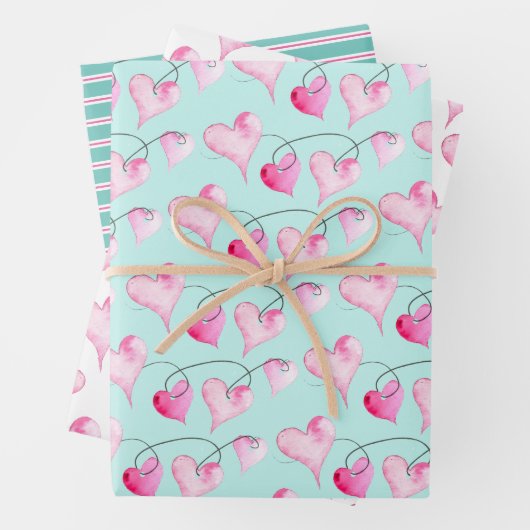 Niedliche rosa Herzen und Streifen Muster Wasserfa Geschenkpapier Set (Beispiel)