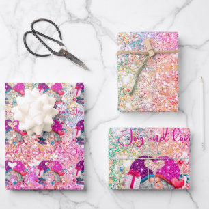 Niedliche rosa Imitate Glitzer Gnome Weihnachten Geschenkpapier Set
