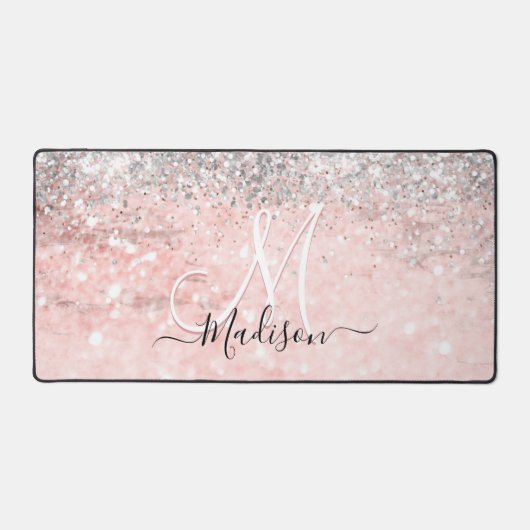 Niedliche Rosa Imitate Glitzer Monogramm Schreibtischunterlage (Vorderseite)