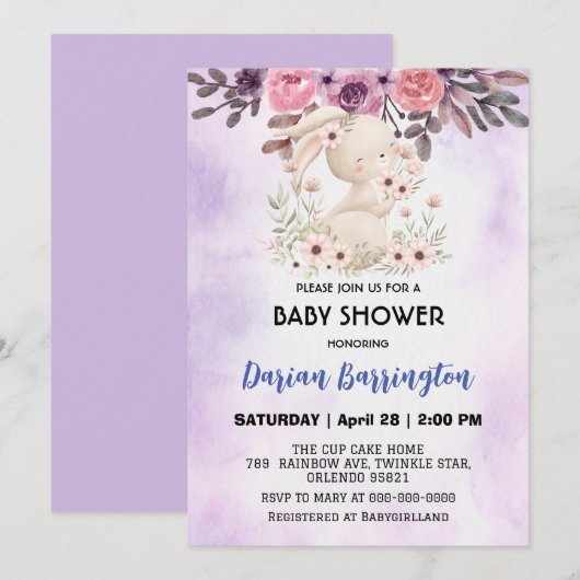 Niedliche Rosa-Kaninchen Blume Babydusche Einladung (Vorne/Hinten)