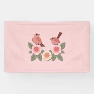 Niedliche Rosa Liebesvögel und blühende Rose Banner