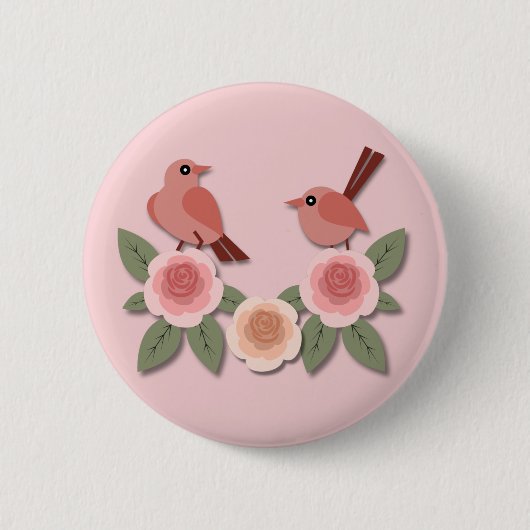 Niedliche Rosa Liebesvögel und blühende Rose Button (Vorderseite)