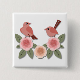 Niedliche Rosa Liebesvögel und blühende Rose Button