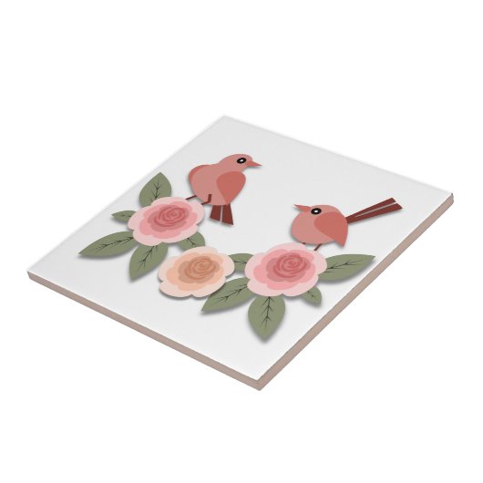 Niedliche Rosa Liebesvögel und blühende Rose Fliese (Seite)