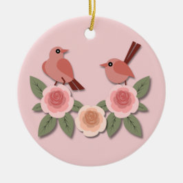 Niedliche Rosa Liebesvögel und blühende Rose Keramik Ornament
