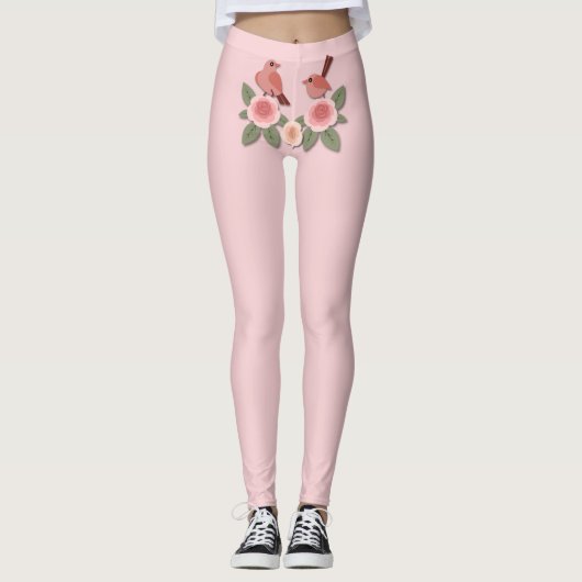Niedliche Rosa Liebesvögel und blühende Rose Leggings (Vorderseite)