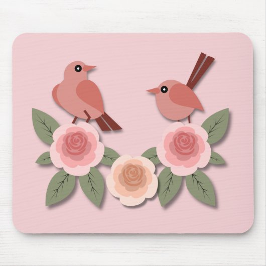 Niedliche Rosa Liebesvögel und blühende Rose Mousepad (Vorne)