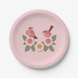 Niedliche Rosa Liebesvögel und blühende Rose Pappteller