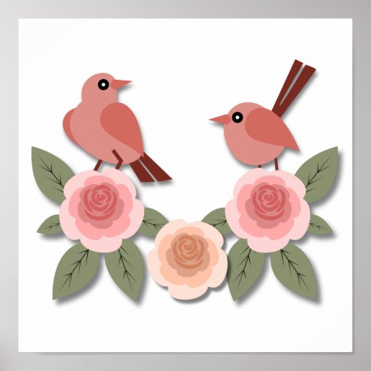 Niedliche Rosa Liebesvögel und blühende Rose Poster (Vorne)