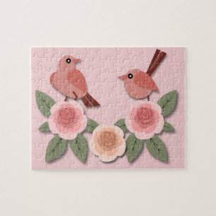 Niedliche Rosa Liebesvögel und blühende Rose Puzzle