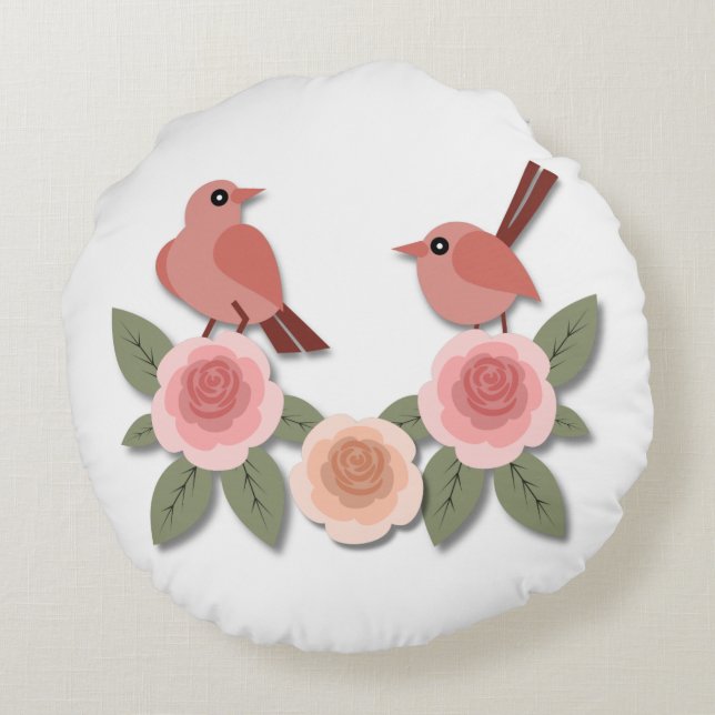 Niedliche Rosa Liebesvögel und blühende Rose Rundes Kissen (Rückseite)