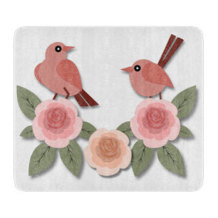 Niedliche Rosa Liebesvögel und blühende Rose Schneidebrett