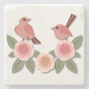 Niedliche Rosa Liebesvögel und blühende Rose Steinuntersetzer