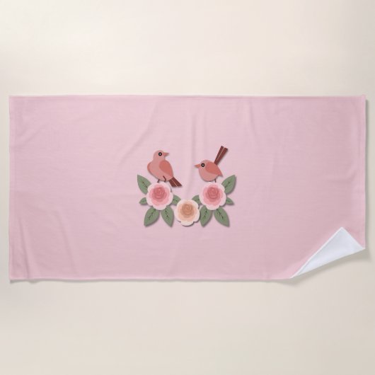 Niedliche Rosa Liebesvögel und blühende Rose Strandtuch (Vorderseite)