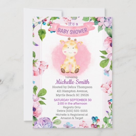 Niedliche Rosa Lila Giraffe Blumenspülung Einladung (Vorderseite)