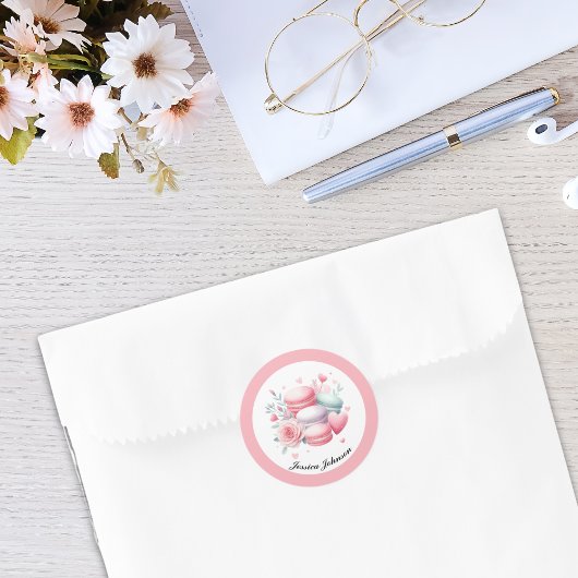 Niedliche rosa Macarons und Herz Personalisiert Runder Aufkleber