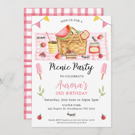 Niedliche rosa Mädchen jeden Alters Picnic Geburts Einladung (Vorne/Hinten)