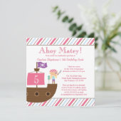 Niedliche Rosa-Mädchen-Piratengeburt Einladung (Stehend Vorderseite)