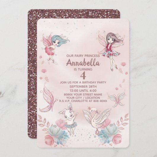 Niedliche Rosa Märchenprinzen und Ballerinas Einladung (Vorne/Hinten)
