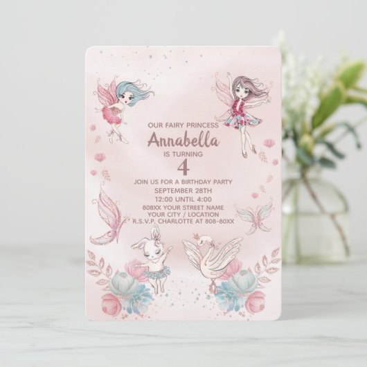 Niedliche Rosa Märchenprinzen und Ballerinas Einladung (Stehend Vorderseite)