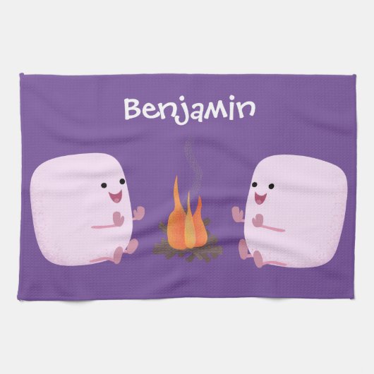 Niedliche rosa Marshmallows im Cartoon des Lagerfe Geschirrtuch (Horizontal)