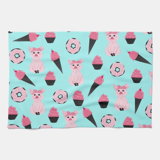 Niedliche Rosa Minze Piggy Donut Ice Creme Cone Mu Geschirrtuch (Horizontal)