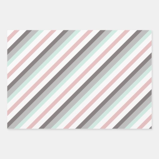 Niedliche rosa Minzgrün und graue Streifen Geschenkpapier Set (Vorderseite)