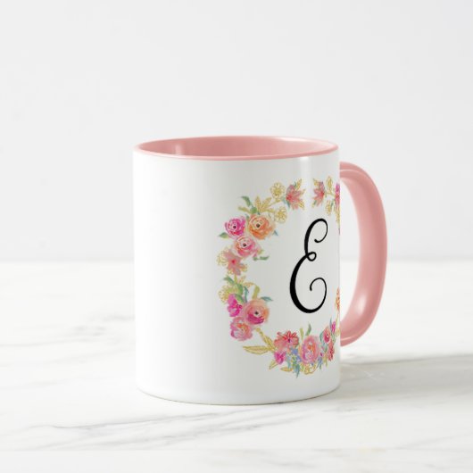 Niedliche rosa Monogramm (E) Blume Tasse (VorderseiteRechts)