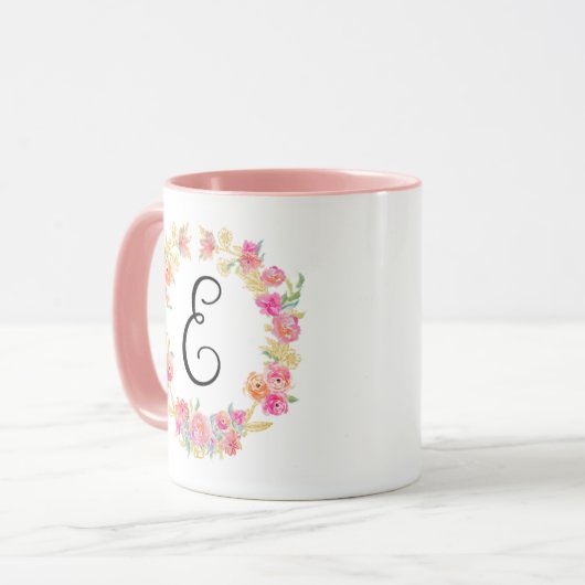 Niedliche rosa Monogramm (E) Blume Tasse (Vorderseite Links)
