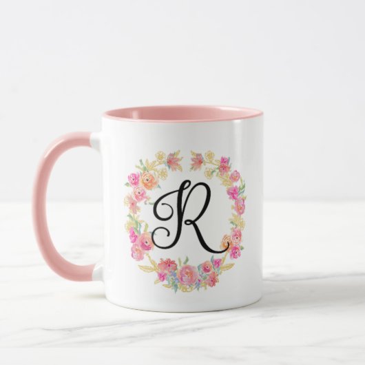 Niedliche rosa Monogramm (R)-Blume Tasse (Links)