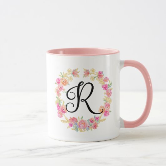 Niedliche rosa Monogramm (R)-Blume Tasse (Rechts)