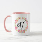 Niedliche rosa Monogramm (V) Blume Tasse Kräne (Links)