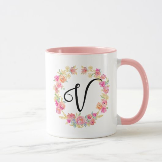 Niedliche rosa Monogramm (V) Blume Tasse Kräne (Rechts)