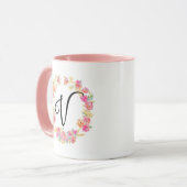 Niedliche rosa Monogramm (V) Blume Tasse Kräne (Vorderseite Links)