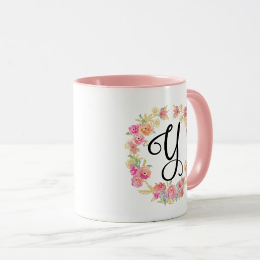 Niedliche rosa Monogramm (Y) Blume Tasse (VorderseiteRechts)