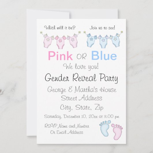 Niedliche Rosa oder Blaues Geschlecht - Einladung (Vorderseite)