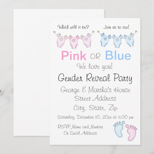 Niedliche Rosa oder Blaues Geschlecht - Einladung (Vorne/Hinten)