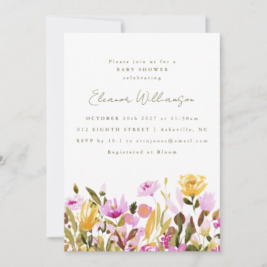 Niedliche Rosa Olive Wasserfarben Blumenbaby Dusch Einladung (Vorderseite)