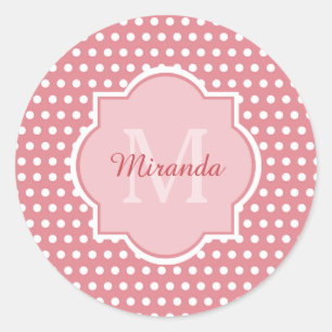 Niedliche rosa Polka-Punkte mit Monogramm und Name Runder Aufkleber