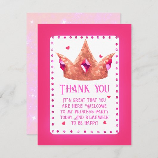 Niedliche Rosa Prinzessin Geburtstagsflat Dankesch Dankeskarte (Vorne/Hinten)