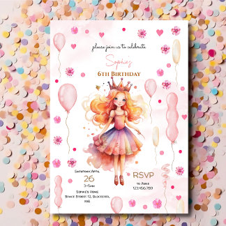 Niedliche rosa Prinzessin und Ballons Geburtstag Einladung