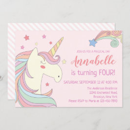 Niedliche Rosa Regenbogenstars Einhorn Geburtstags Einladung