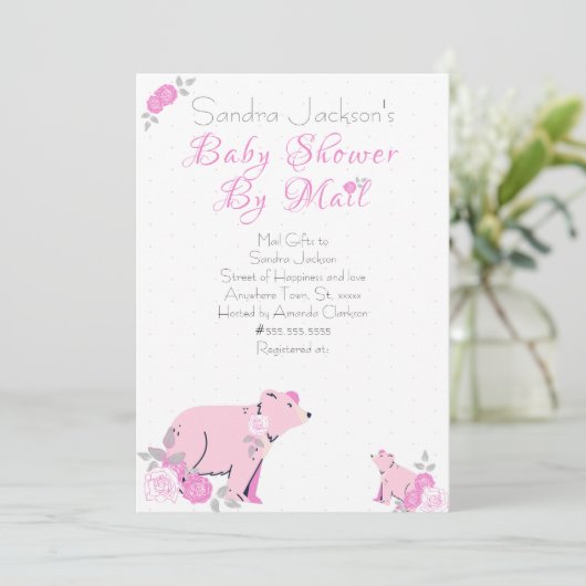 Niedliche Rosa Rose Mama Bear Cube Babydusche Einladung (Stehend Vorderseite)