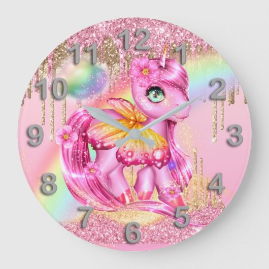 Niedliche Rosa Schmetterling-Flügel Regenbogen-Gli Große Wanduhr (Vorderseite)