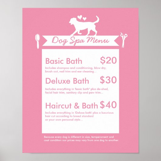 Niedliche Rosa Silhouette Dog Grooming Salon Menü Poster (Vorne)