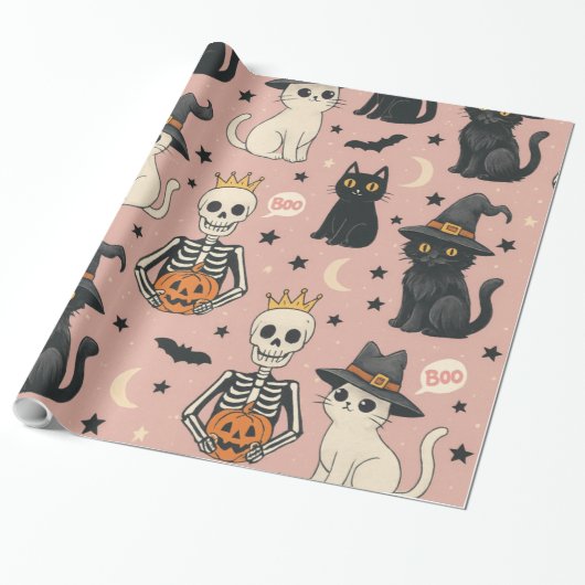 Niedliche Rosa Skelettprinzessin & Halloween Katze Geschenkpapier (Ungerollt)