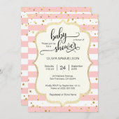 Niedliche rosa Streifen Gold Black Baby Dusche Einladung (Vorne/Hinten)