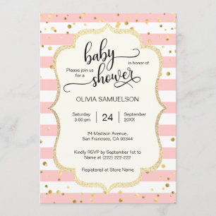 Niedliche rosa Streifen Gold Black Baby Dusche Einladung